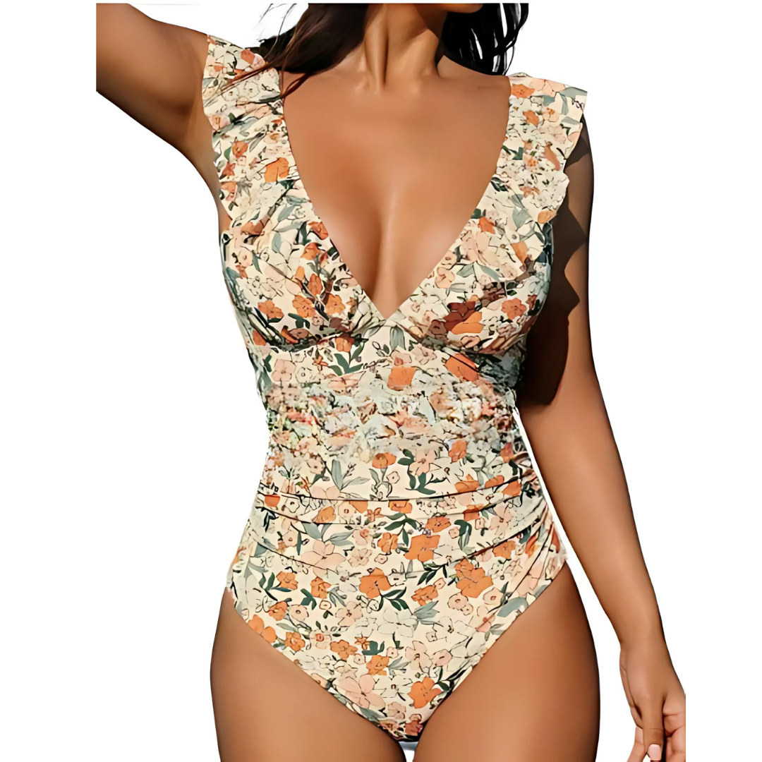 Icone™ ElegantSwimsuit: Elegantes Plissee-Design V-Ausschnitt Bauchweg Badeanzug