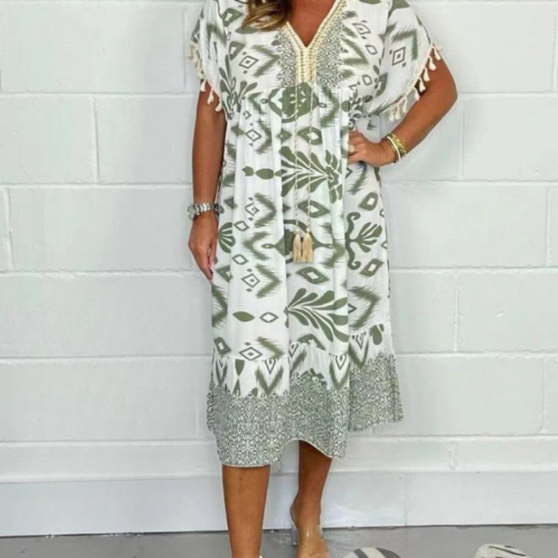 Icone™PrintedDress: Bedrucktes V-Ausschnitt Fransenärmeln Freizeitkleid