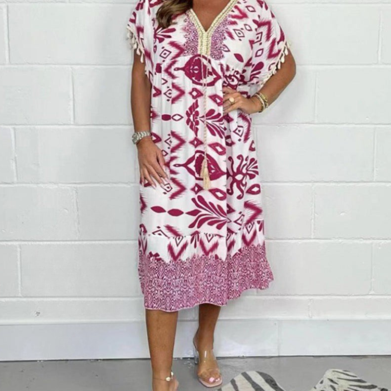 Icone™PrintedDress: Bedrucktes V-Ausschnitt Fransenärmeln Freizeitkleid