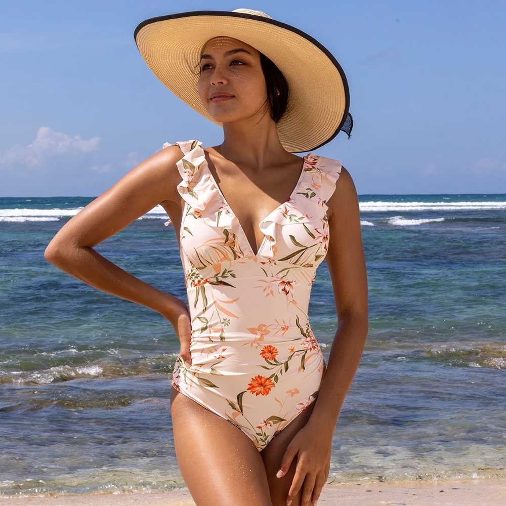 Icone™ ElegantSwimsuit: Elegantes Plissee-Design V-Ausschnitt Bauchweg Badeanzug