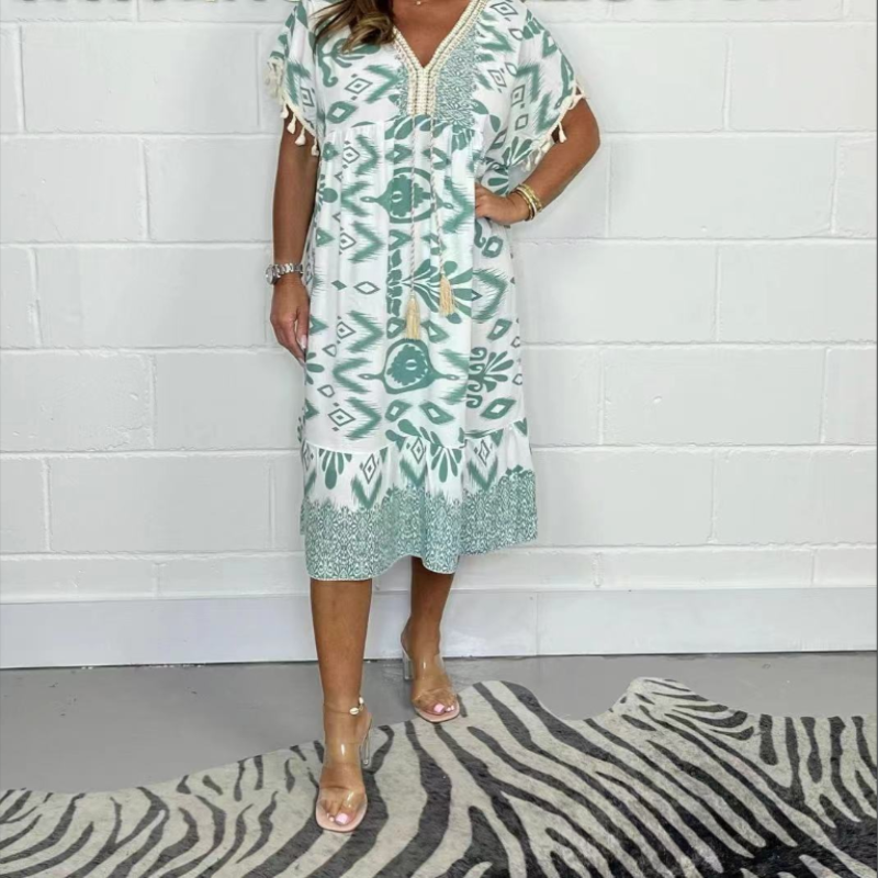 Icone™PrintedDress: Bedrucktes V-Ausschnitt Fransenärmeln Freizeitkleid