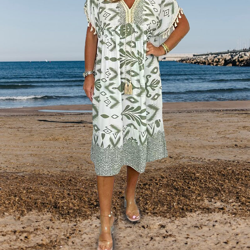 Icone™PrintedDress: Bedrucktes V-Ausschnitt Fransenärmeln Freizeitkleid