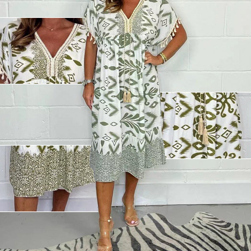 Icone™PrintedDress: Bedrucktes V-Ausschnitt Fransenärmeln Freizeitkleid