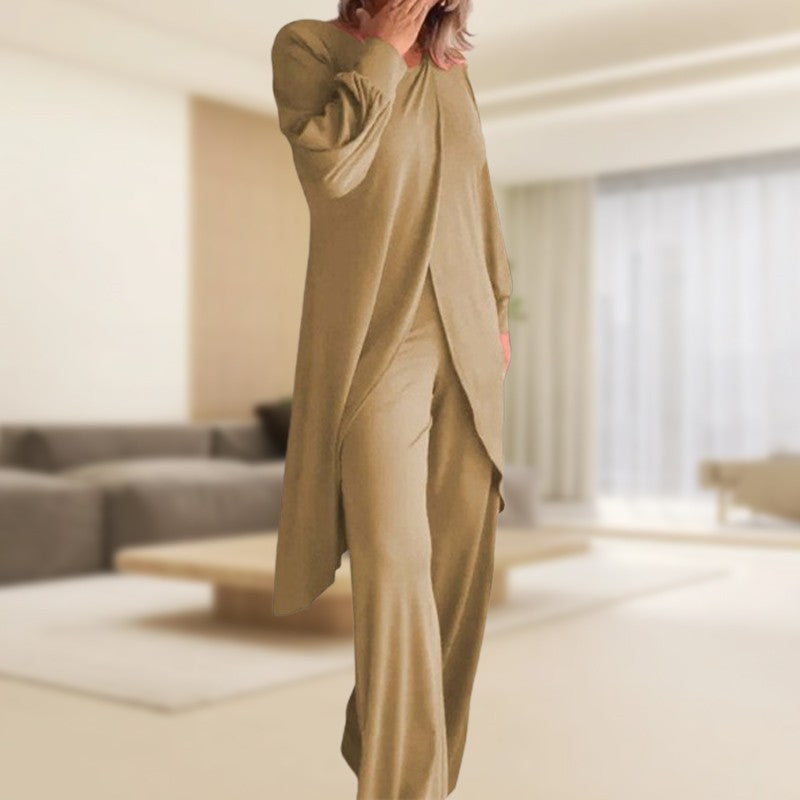 Icone™ ClassicSet: Klassisch Langarm Mit Stilvoll Frontschlitz Oberteil Und Hose Set