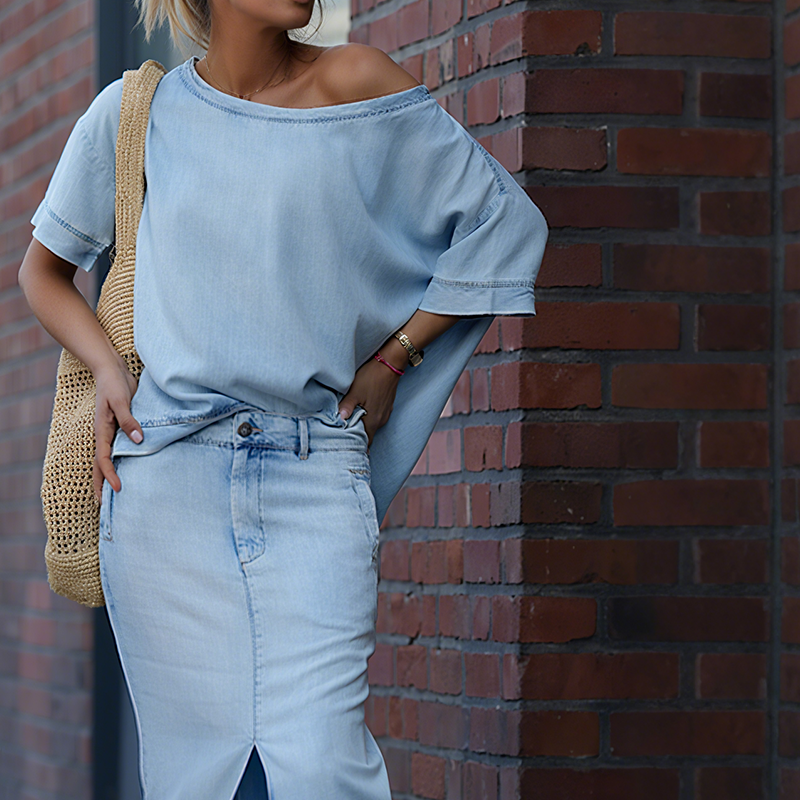 Icone™ FashionSet: Stilvolles Schulterfrei Top Und Jeansrock